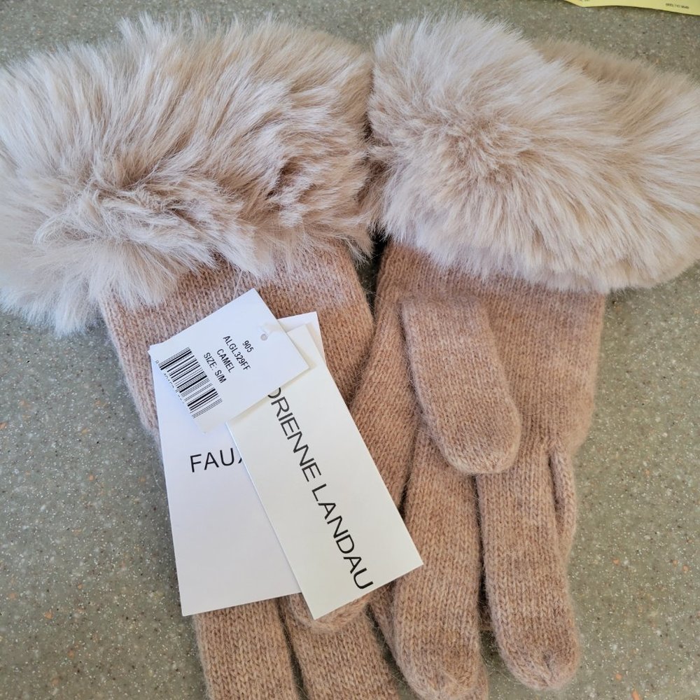Adrienne Landau Women's Natural Faux Fur Trim Wool/Angora Blend Gloves